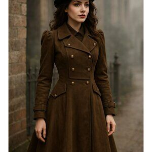 Vintage Brown Double-Breasted Long Trench Coat With Gold Buttons & Puff Shoulder